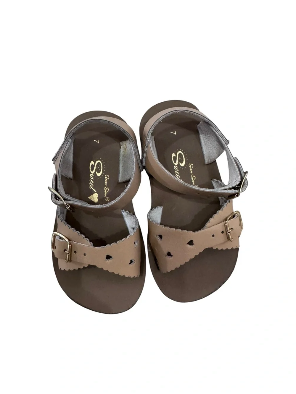 Girls Tan Buckle Sandals with Scalloped Trim